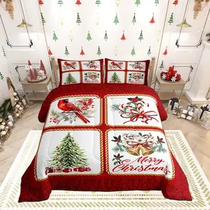 Christmas Plaid Comforter Set,Berries Cardinals Xmas Pine Print Bedding Set for Kids Boys Men,Floral Bells Red Lace Patchwork Quilted Duvet Set