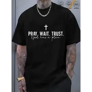 Men's Black Streetwear Round Neck Short-Sleeve Cotton Tops - 100% Fabric Menswear, Bold "Pray Wait Trust God Has a Plan" Print with Cross Design, Regular Fit Casual Summer Religious Shirt