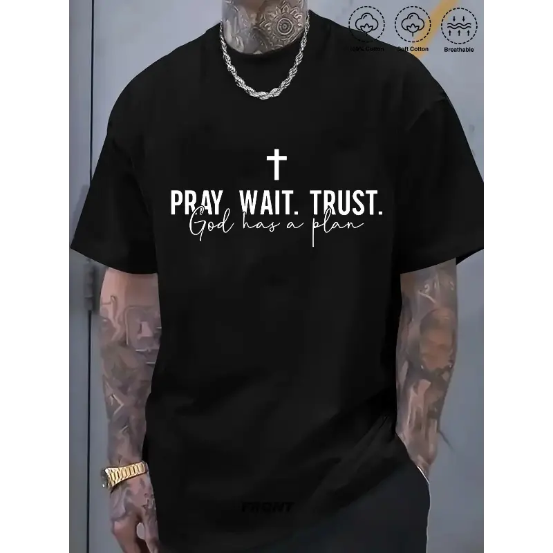 Men's Christian Clothing 100% Cotton Crew Neck Streetwear T-Shirt, Casual Regular Fit with "Pray Wait Trust" Cross Graphic, Motivational Religious Graphic Men's Short-Sleeve T-Shirts, Christian Style