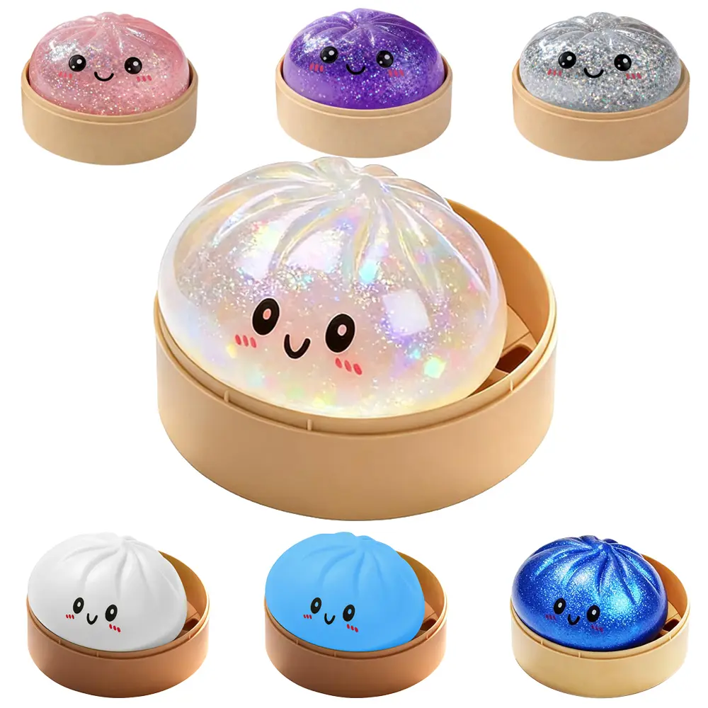 Dumpling Squishy Mini Glitter Slow Rebound Stress Relief Ball, TPR Moldable Decompression Squeeze, Sensory Fidget Toy with Cute Steamer Box, Anxiety Calming Gifts for Adults Kids, Office Desk Decor Party Favors