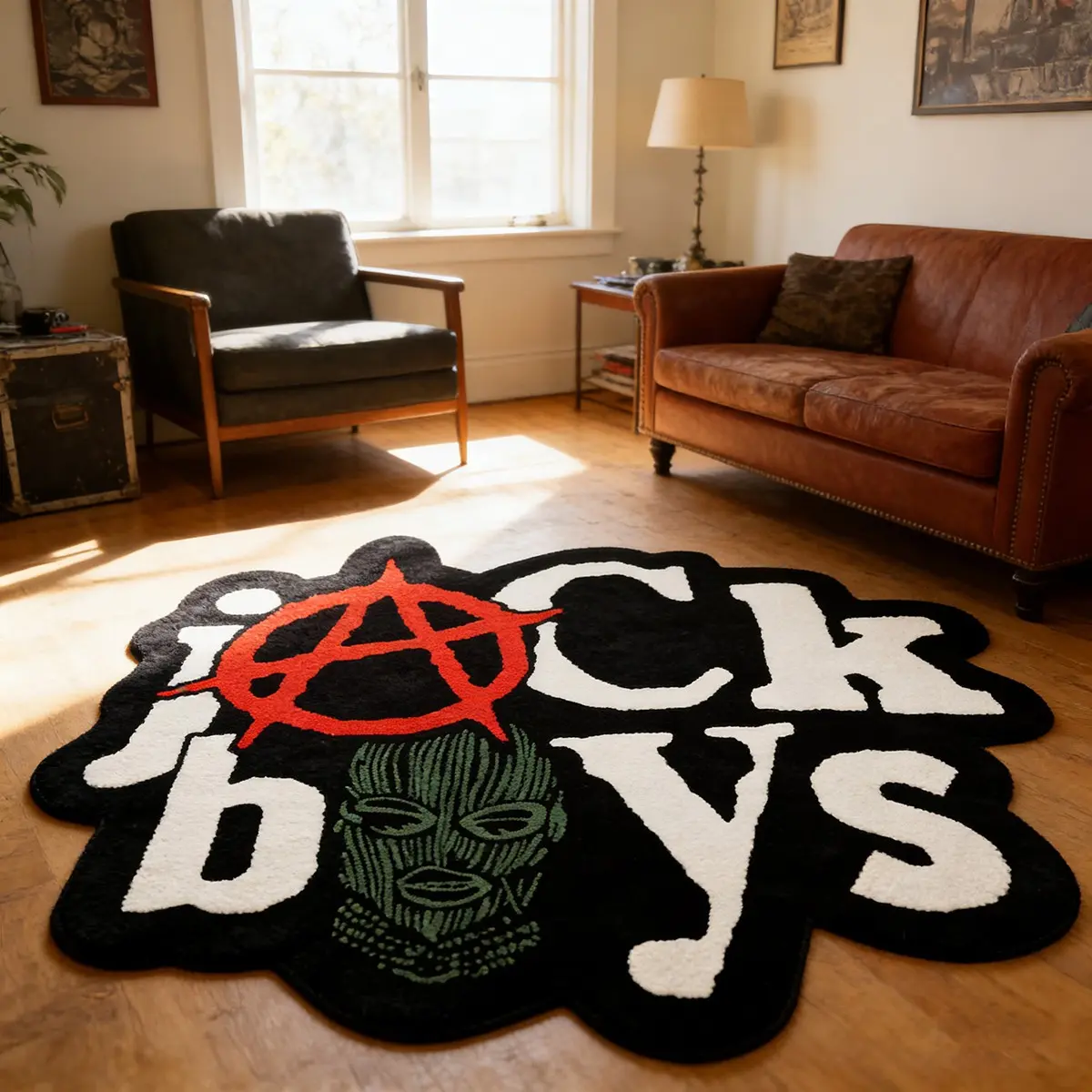 Hardcore Punk Style Carpet, Dark Street Subculture Living Room Rug, Anarchist Symbol Graffiti Face Cool Carpet, Anti-Slip Durable Art Area Rugs Gaming Room Mat, Distinctive Touch, Non Slip Rugs, Home Decor Rugs