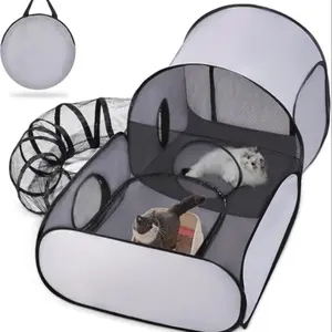 Pet Playpen with Surround Tunnel, Outdoor/Indoor Cat Playpen with Breathable Soft Sides，Cat Enclosure Tent for Small Animals, Portable Tent with Carry Bag