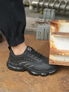 Men's Letter Patched Design Lace Up Front Low Top Worker Safety Shoes, Casual Comfortable Breathable Lightweight Non-slip Steel Toe Walking Shoes, Fashionable Shoes for Daily Wear Work Safety Footwear