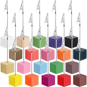 20 Pcs Cube Base Memo Clip Holder with Alligator Clip Wood Table Number Holder Cube Base Place Card Stand Mini Photo Menu Stand for Displaying Number Card (Multi Color)