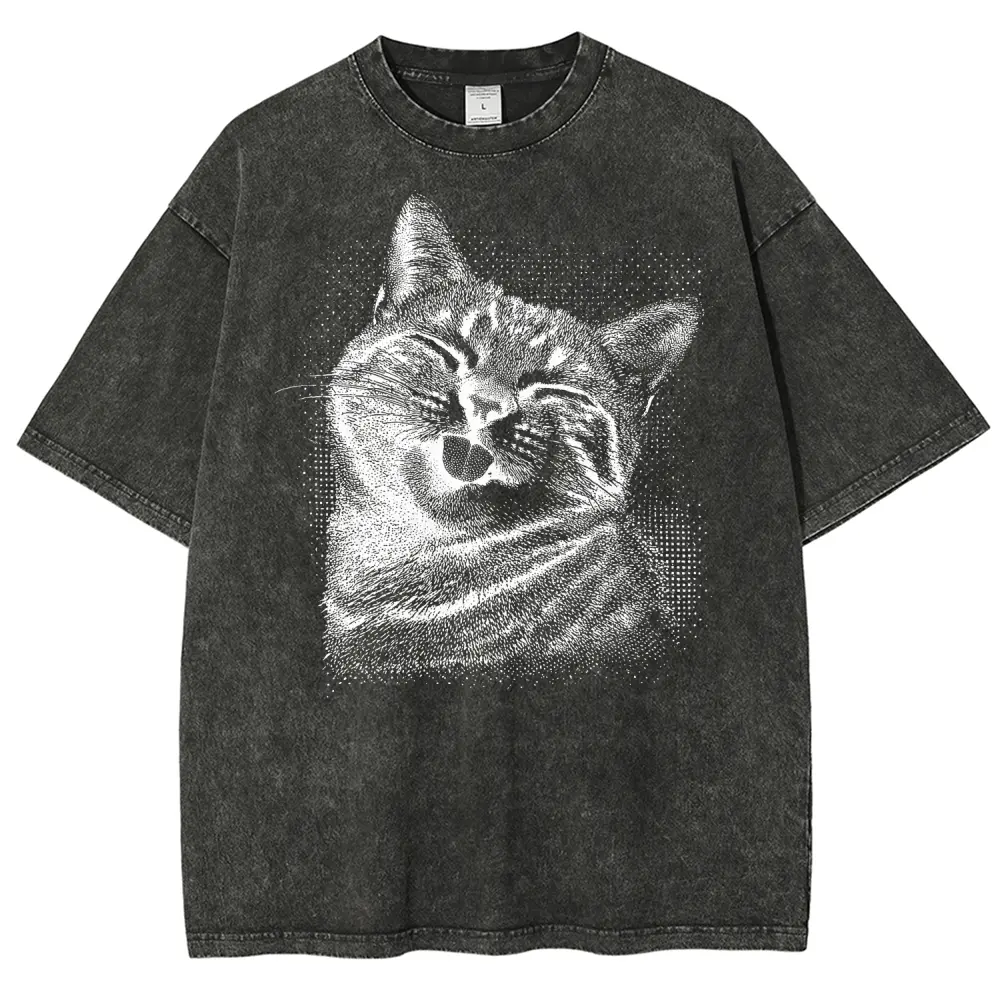 Happy Cat Tongue Out Graphic T-Shirt, Vintage Washed Style Tee, Pink Halftone Kitty Print, Gift For Cat Lovers
