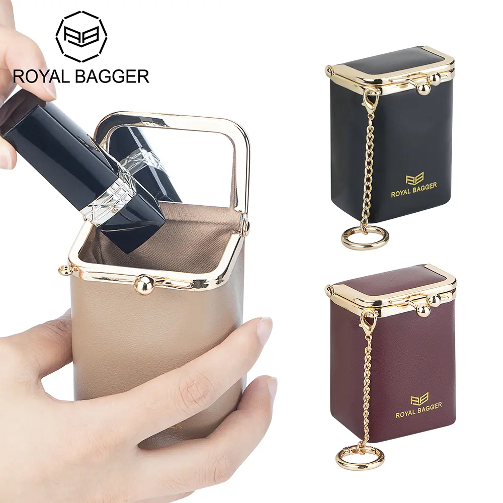 Royal Bagger Women's Vintage Genuine Leather Makeup Bag Organizer, Mini Kiss Lock Vanity Purse with Chain & Built-in Mirror, Cosmetics Accessories, Vintage Vanity Bag, Portable Vanity
