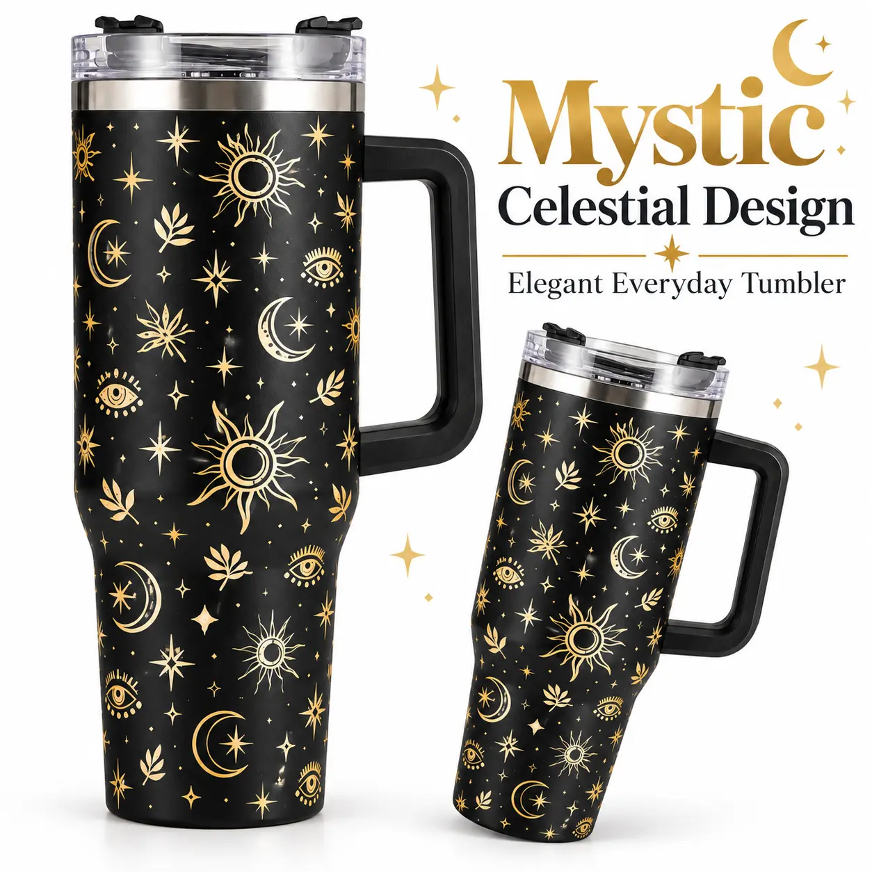 40oz Sun Moon Star Tumbler with Handle and Straw, Black Gold Celestial Stainless Steel Insulated Cup, Large Capacity Travel Coffee Mug with Lid, Unique Gift for Women