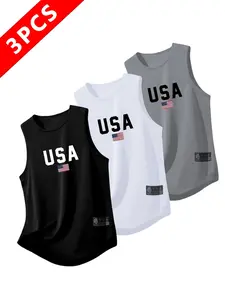 3-Pack Men's Summer Quick-Dry Breathable Tank Tops, Usa Letter Print, Loose-Fit, Geometric Pattern, //dark, Running Training