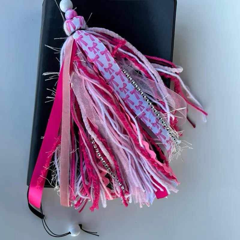Pink Bows and Bling Bible Book Tassel Bookmark with Beads and Elegant Design for Book Lovers