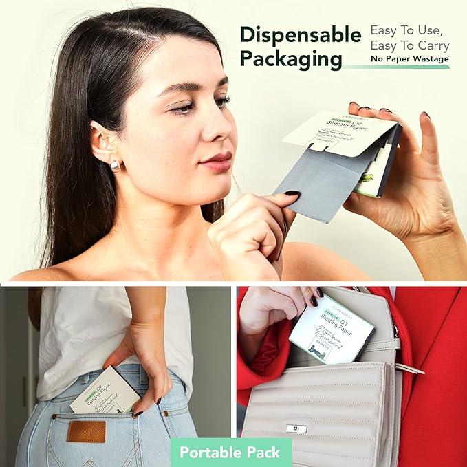 Natural Bamboo Charcoal Oil Blotting Sheets for Face - 3x100 Sheets with Extra Large 5x3" Thick Blotting Paper for Oily Skin - Dispensable Portable Pack - Reduce Skin Acne - Makeup Friendly Gentle Exfoliate