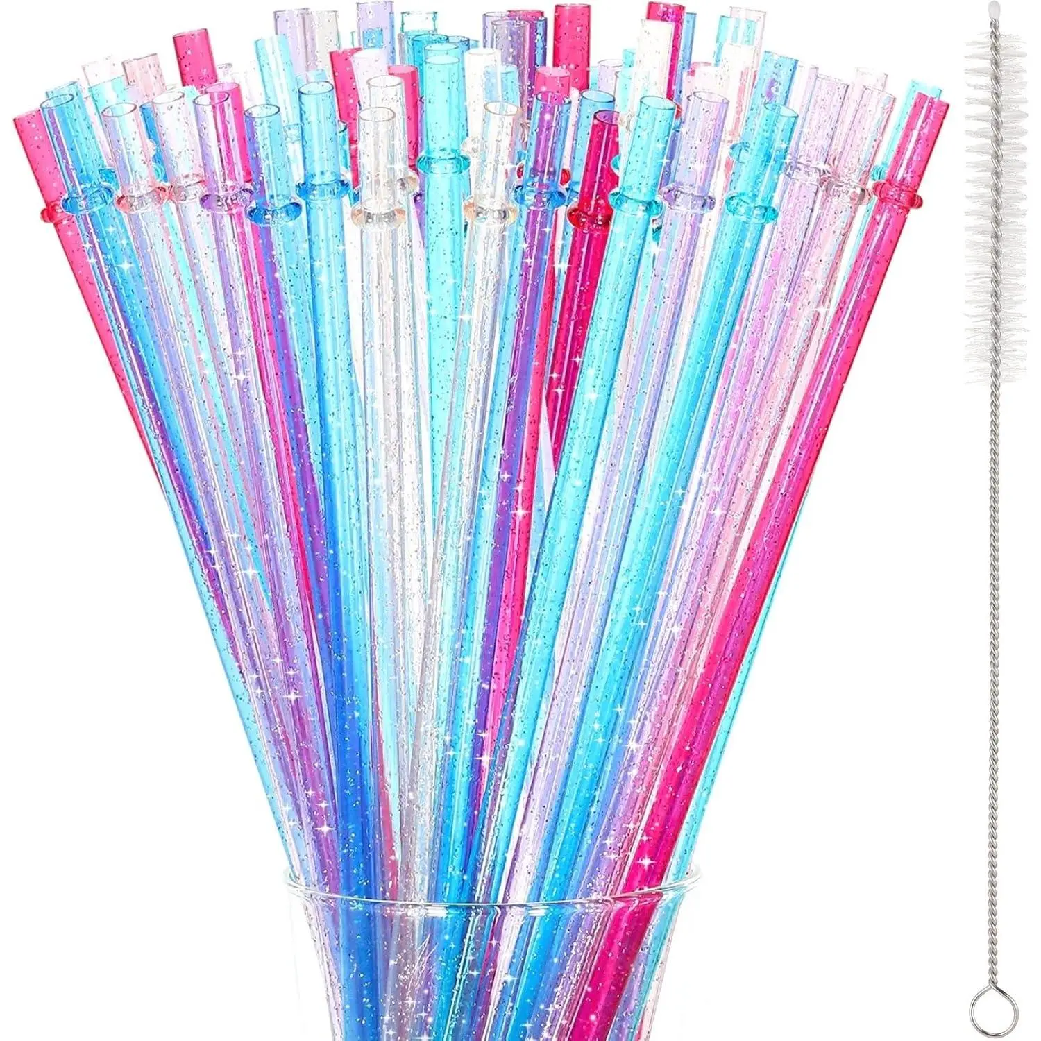 120 count Glitter  Straws Bulk Plastic 11 Inch Color Changing Straws Hard Plastic Tumbler Pipe for Cups Cleaning Brush Rainbow Colored Drinking Straws