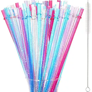 120 count Glitter  Straws Bulk Plastic 11 Inch Color Changing Straws Hard Plastic Tumbler Pipe for Cups Cleaning Brush Rainbow Colored Drinking Straws