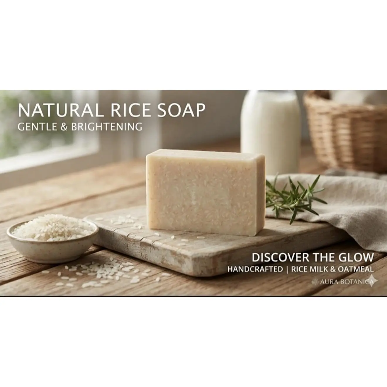 The Glow Bar - Aura Botanica Natural Rice Soap Bar, Handcrafted with Goat Milk, Aloe Vera, Oatmeal & Daily Cleansing-Soothing Blend for Body & Face, Gentle Brightening Formula