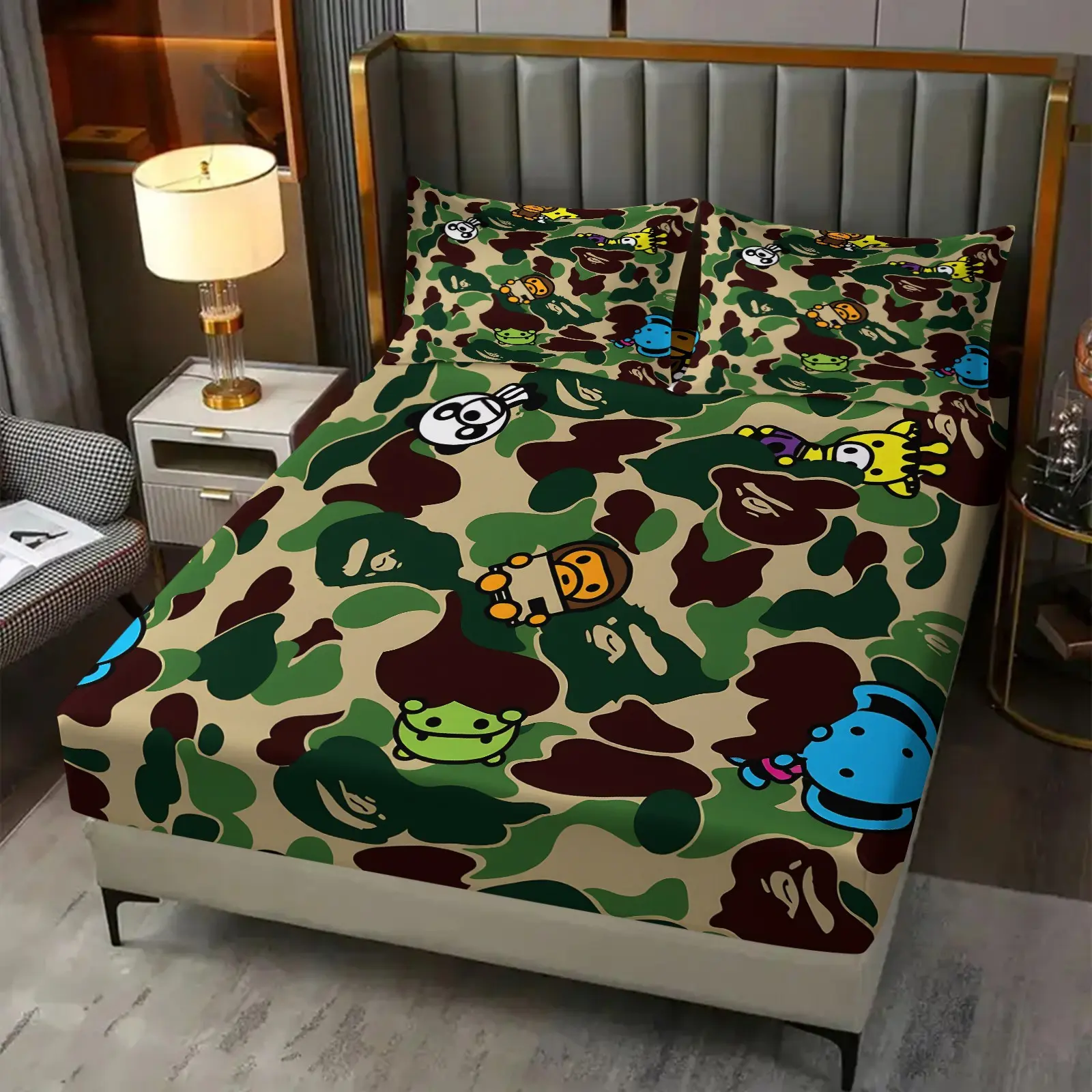 3Pcs Cartoon Camo Print Fitted Sheet Set, No Fillers Cute Animal Bedding Set with Pillowcases, Trendy Camouflage Bed Sheet Set for Teens Kids, Elastic Deep Pocket Mattress Cover for Bedroom Dorm Decor, Flat Fitted Sheets