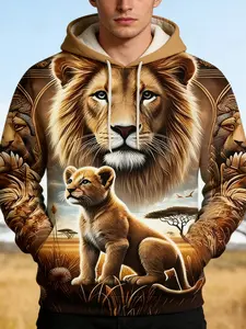 Men's 3D Lion & Cub Print Long Sleeve Hoodie, Casual Drawstring Pocket Fashion Animal Print, Spring & Fall, Tiktok Special Offer, Perfect Gift