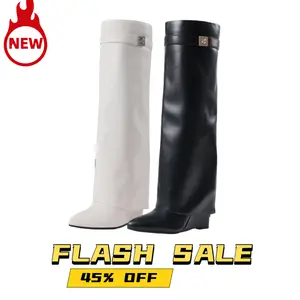 Fold Over Knee High Boots for Women Covered Wedge Heel Padlock Boot Almond Toe Wide Calf Pull-On Boots Walking Shoes Footwear