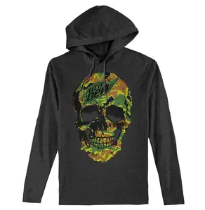 Mtn Dew Camo Skull Long Sleeve Hooded T-Shirt - Dark Gray