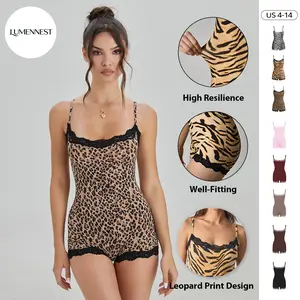 LUMENNEST Women's Chic Thin Strap Leopard Print Lace Trim Playsuit, Versatile Seamless Breathable Shapewear