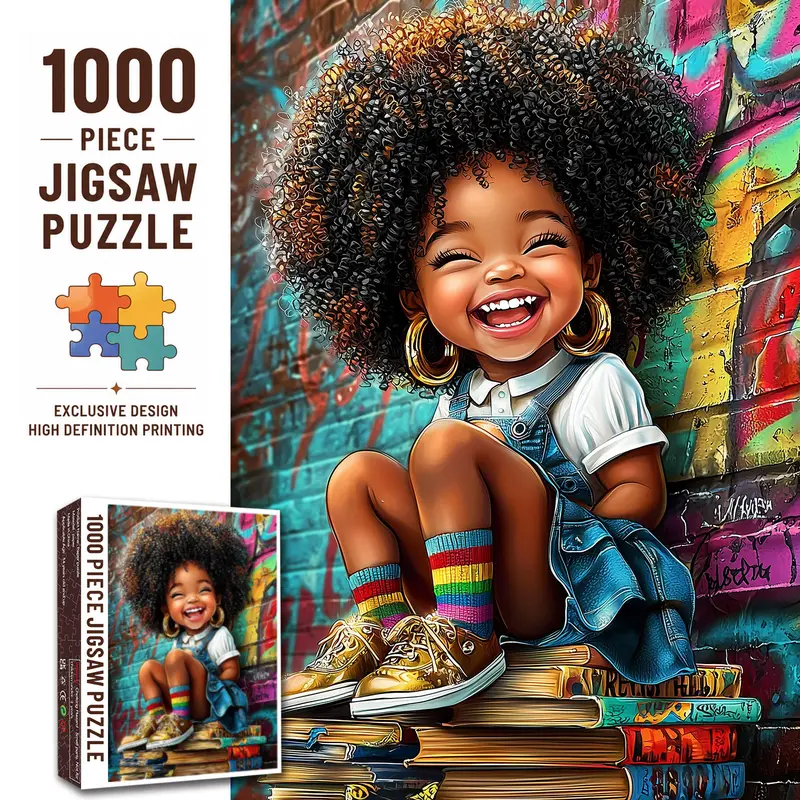 Walarky Advanced 1000-Piece Brain Teaser Puzzle - Rectangular Street Art Portrait of Cute Joyful African American Child on Books, 70x50cm/27.5x20in, Family Learning Game, Stress Relief Gift, Home Decor for Adults, Brain Teaser Puzzles