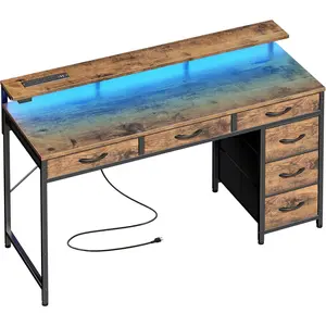 [Limited time deal]BA-CZW  Gaming Desk with 6 Drawers, Computer Desk with LED Lights Power Outlets and Type-C, 47 Inch Office Desk with Storage, Monitor Stand, Writing Desk Work Desk for Home Office, Study, Rustic Brown