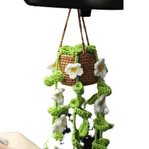 Handmade Knitted Plant Car Hanging Ornament, Boho Yarn Crochet Rearview Mirror Pendant, Creative Auto Interior Decoration Gift