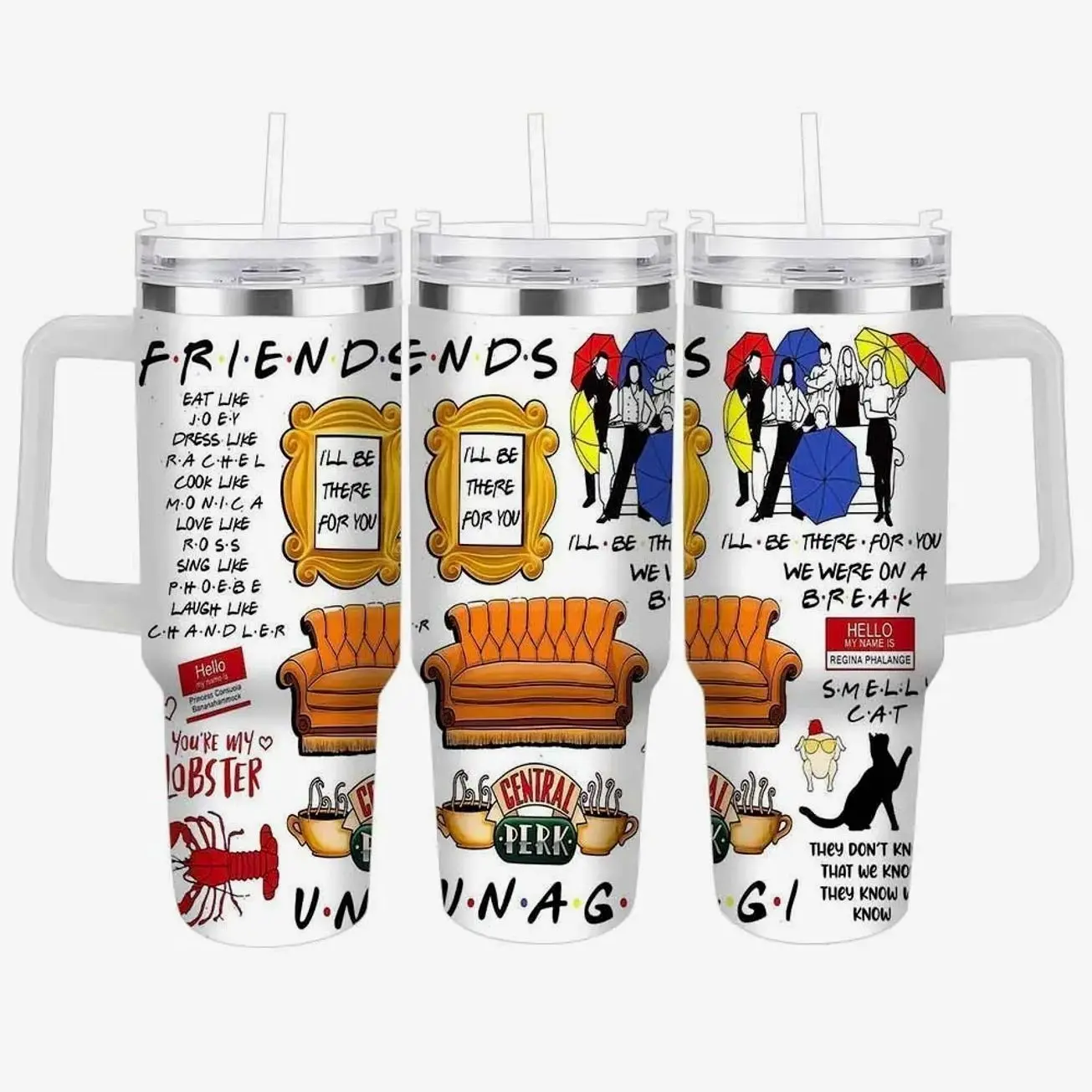 Friends TV Show Theme Stainless Steel Insulated Flask Tumbler (20oz/30oz/40oz) - Central Perk Coffee Couch Illustration, Funny Quote, Unagi Lobster Design, Straw, Lid, Durable, Drink-Friendly Insulation, Ideal for Office, Travel Gift, Flasks, Double Wall