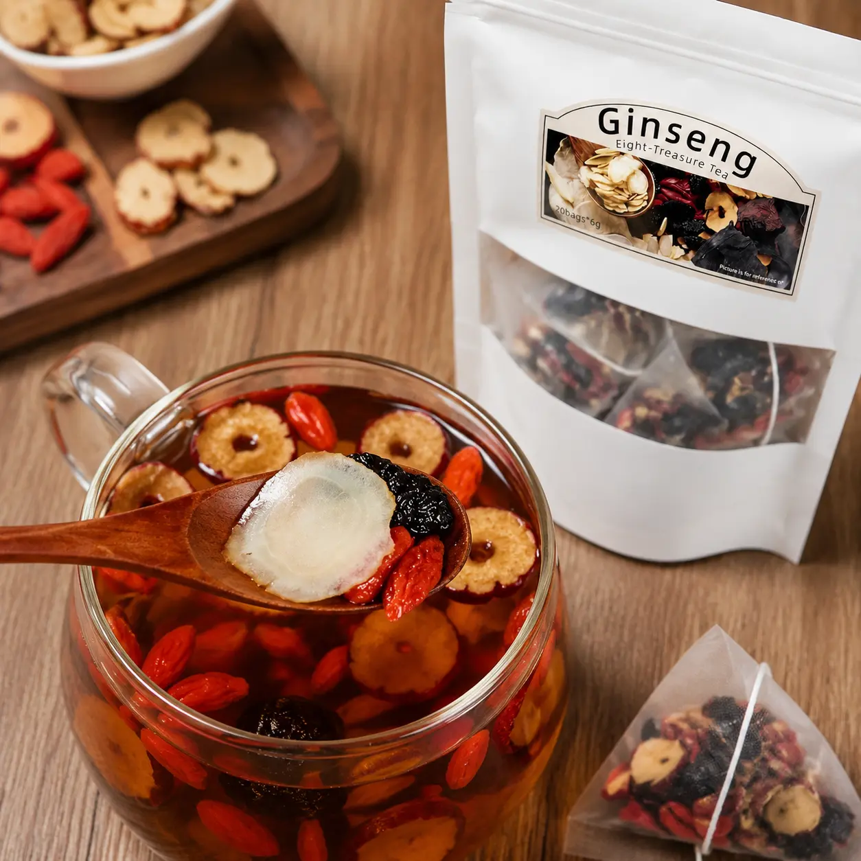 Certified Organic Ginseng Herbal Tea Bags - 30 Bagged 8-Botanical Blend with Goji Berry, Red Jujube, Mulberry, Caffeine-Free, Youth Support, Gentle Wellness, Energy Boost