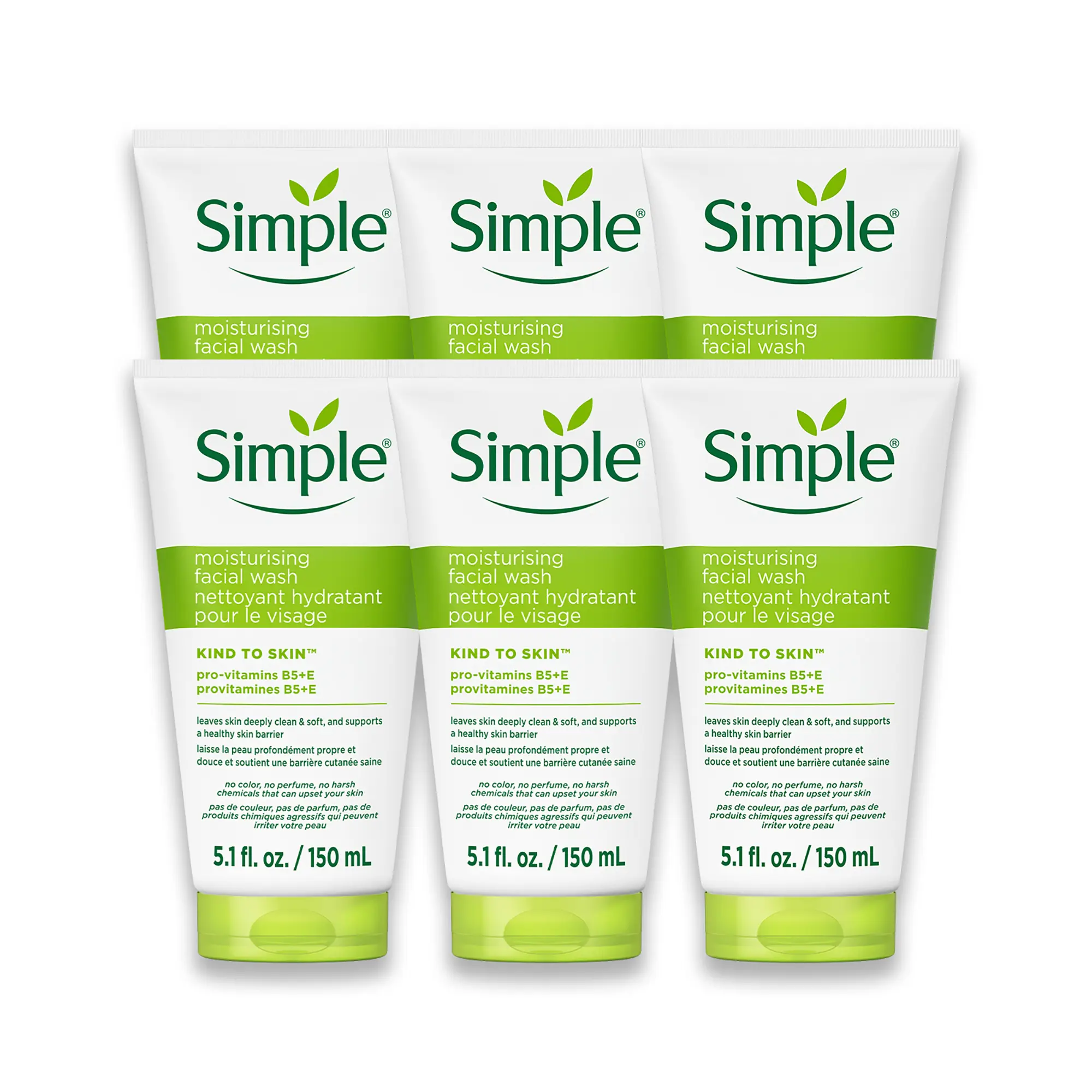Simple Kind To Skin Moisturizing Face Wash - Facial Cleanser with Vitamin B5 and E - Removes Oil, Dirt, and Other Impurities - Sulfate Free - 6 pc Holiday Wellness Skincare Set