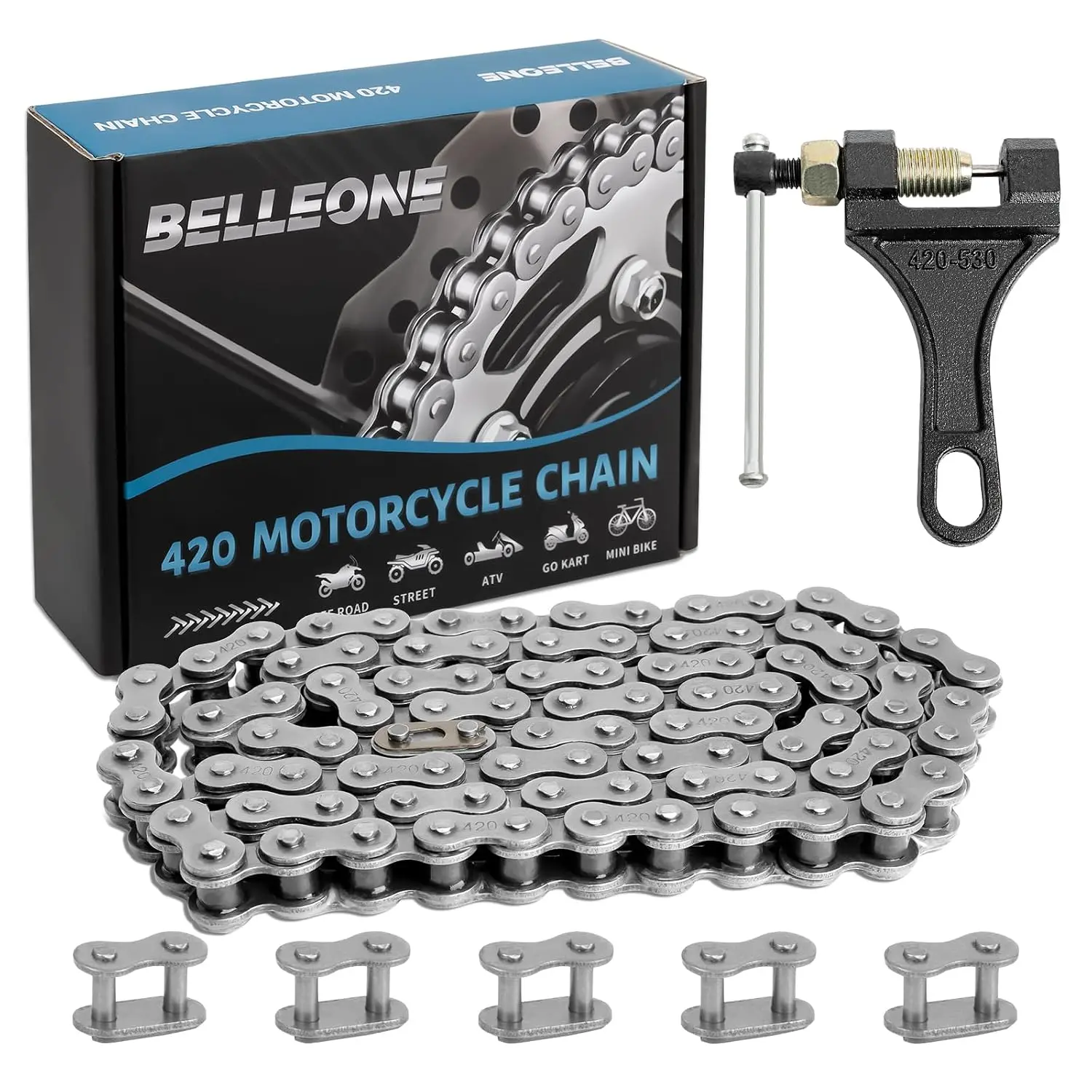420 Roller Dirt Bike Chain 90 Link with Chain Breaker, 420 Rear Drive Chain Fits for 196cc Cole Man BT200X CT200U CT200U-EX Baja Warrior Heat MB165 MB200, 5 Free Master Links Included