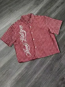 Men's Loose Fit Plaid Short Sleeve Shirt, Letter Print, High Street Vintage Style, Casual Fashion, Streetwear, Outdoor Wear