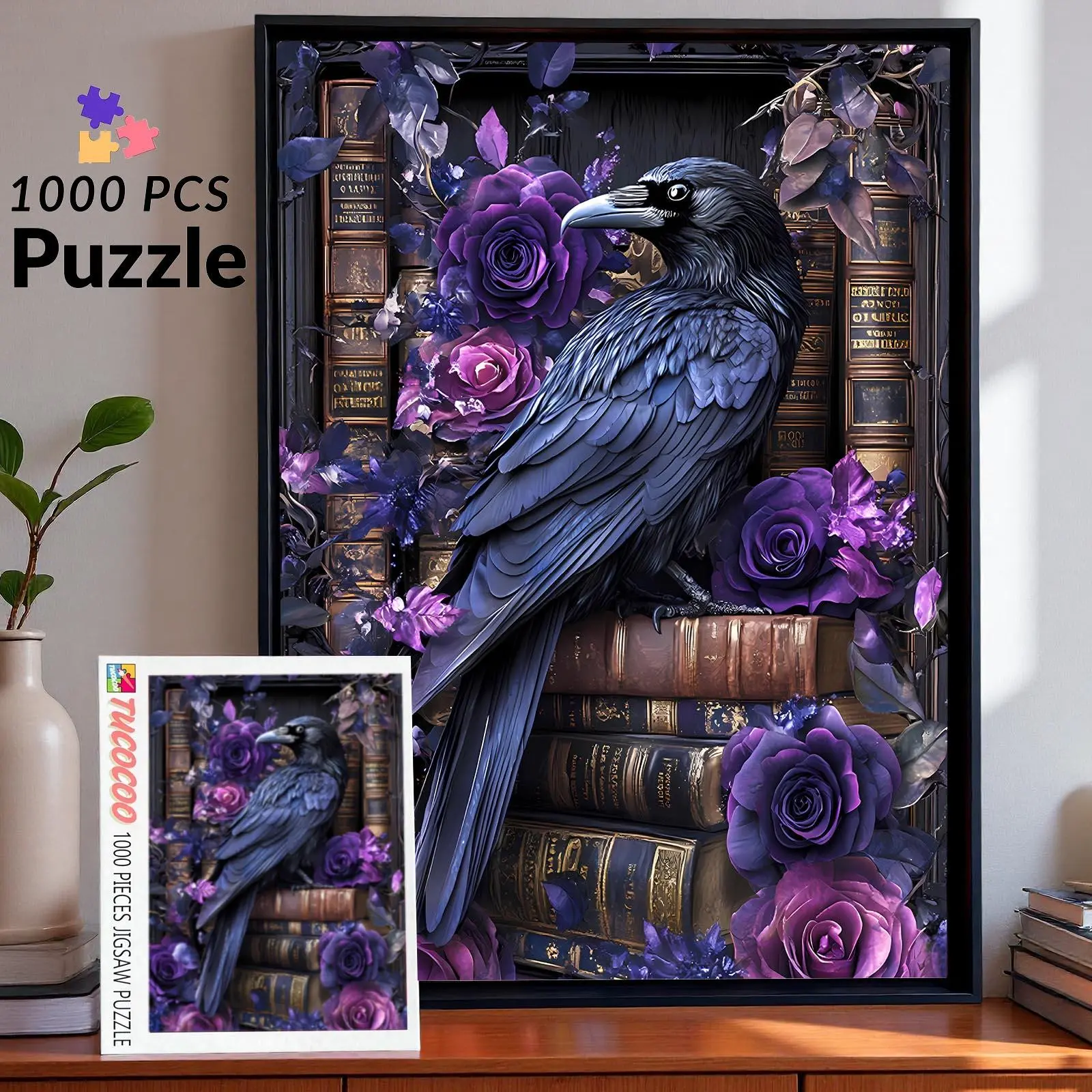 Gothic 1000-Piece Jigsaw Puzzle, Dark Fantasy Library Artwork with Black Crow & Purple Roses, Vintage Books Design, Brain Teaser Puzzles for Adults, Fantasy & Sci-Fi Gift, 27.5x20 Inches/70x50 cm Wall Decor