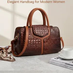 Women Crocodile Embossed Satchel Handbag Beige Top Handle Purse with Detachable Shoulder Strap Faux Leather Structured Tote Bag