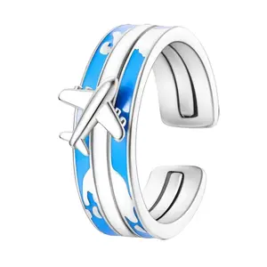 Airplane Travel Open Ring 925 Sterling Silver Blue Enamel Sky Band Rings for Women Wanderlust Aesthetic Trendy Jewelry Gift