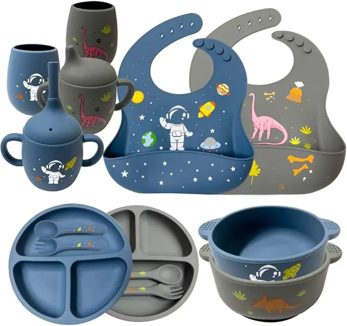 【Highly Recommended】Soft Silicone Baby Feeding Set With Pattern, Baby Led Weaning Supplies with Adjustable Bib, Suction Bowl, Suction Divided Plate, Straw Cup, First Stage Spoon & Fork