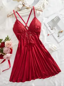 Women's Lace Patchwork Strap Nightgown, Soft Breathable Fitted High Elastic Fabric, All-Season Comfortable Elegant Sleepwear with Unique Chest Tie Design