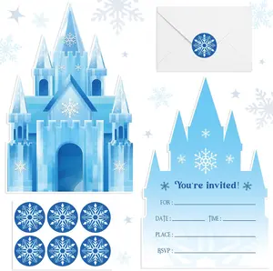 30 Sets Snowflake Castles Christmas Birthday Invitations with Envelopes Stickers Winter Snow Themed Invitations for Girl  Birthday Party Supplies Decoration