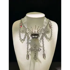 Dark Gothic Spiked Doll Head Pendant Necklace - Multi-layer Chain with Spider Web, Cross, Coffin Charms - Punk Harajuku Costume Neck Jewelry