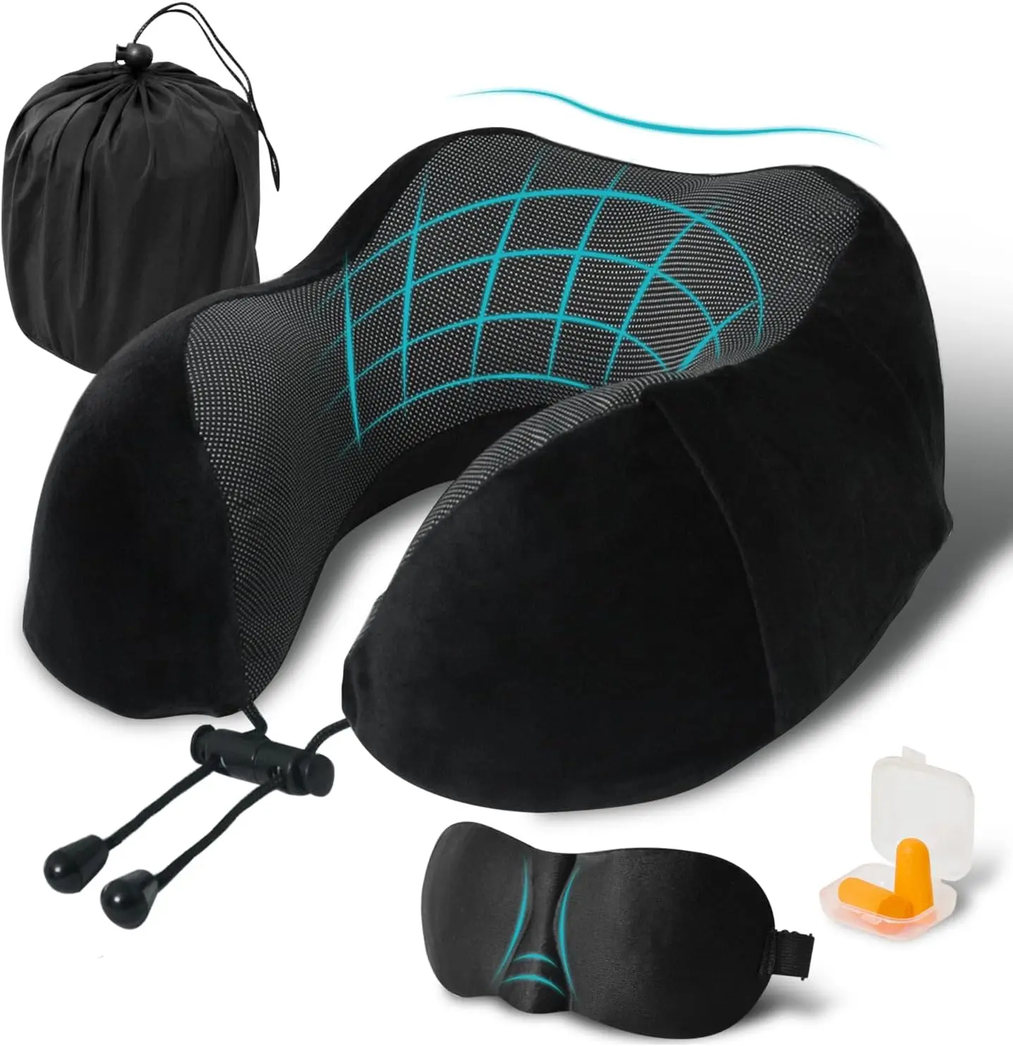 Travel Neck Pillow Set,  U Shape memory Foam Travel Pillow, 1 Portable Neck Pillow with 1 Eye Mask & 1 Pair Earplugs & 1 Storage Bag, Comfortable Neck Pillow Set