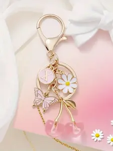 Pink Cherry Blossom Butterfly Keychain,A-Z Initials Keychain with Pink Floral Charms,Women's Butterfly Daisy Flower Keyring,Cherry Keychain Pendant,Flower Butterfly Letter Pendant Keychain Kawaii