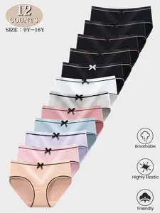 8/10/12-Piece Plain Ribbed Soft Comfort Bowknot Girls' Underwear, Youth Triangle Shorts, Breathable Casual Sportswear, All Seasons, Sizes 9y-16y, Underwear Undergarments