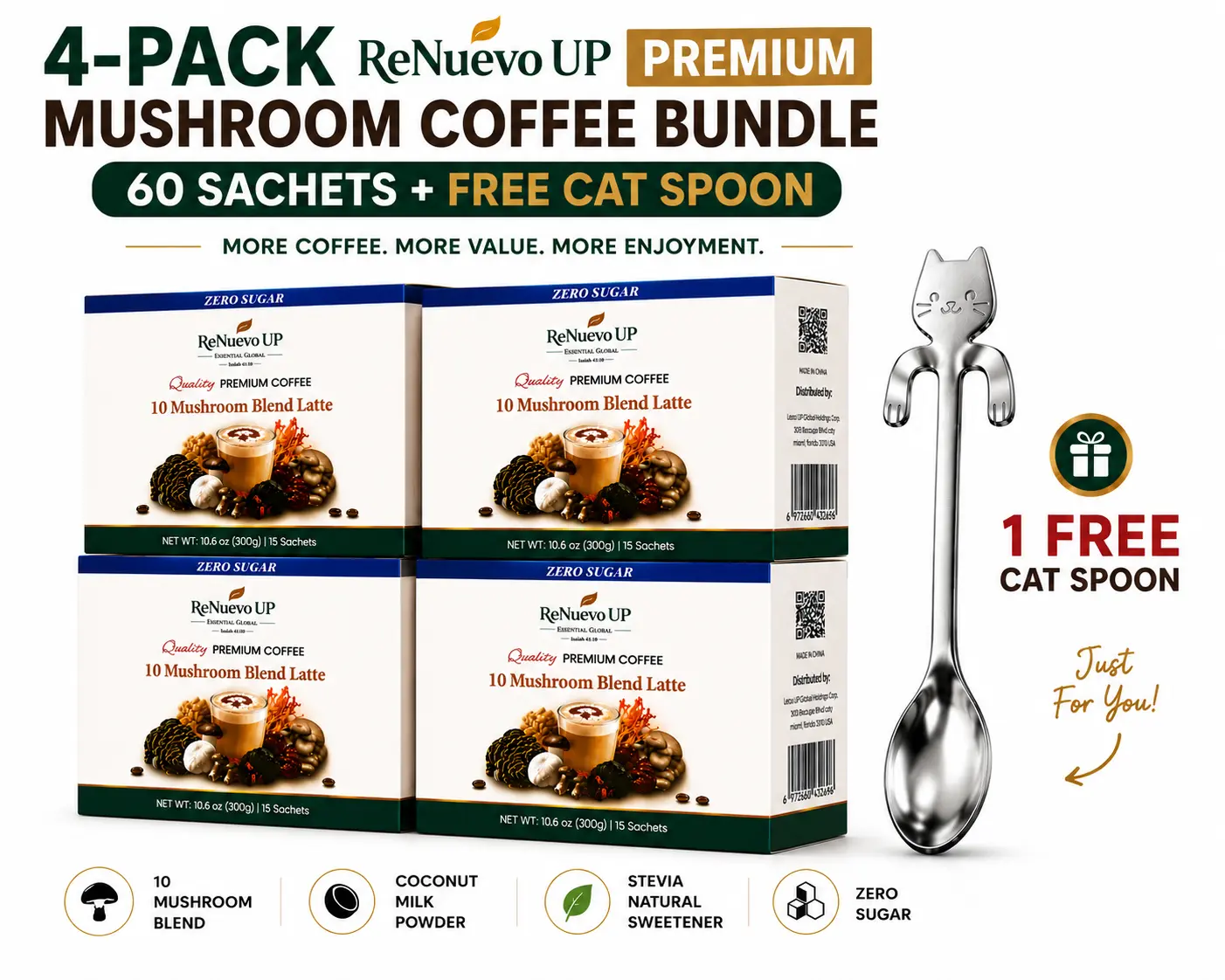 ReNuevo UP 10 Mushroom Blend Latte Mix, 4-Pack (60 Sachets + Coffee Spoon), Premium Instant Mushroom Coffee with Reishi, Lion's Mane, Cordyceps, Chaga, No Sugar