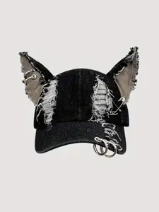 Unisex Vintage Distressed Baseball Cap with Frayed Ears - Adjustable Lightweight Polyester Streetwear Hat for Men & Women, Black Casual Outdoor Accessory, Outdoor Headwear | Vintage Baseball Cap | Polyester Hat, Baseball Hat