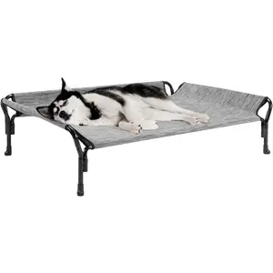 Cooling Elevated Dog Bed, Dog Cots for Large Dogs, Raised Dog Bed with Guardrail & Slope Headrest, Durable & Breathable Teslin Mesh, Dog Sofa Bed for Indoor & Outdoor, Large, Black Silver Portable Cooling Dog Cot with Mesh