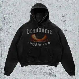 "Dark Vibe" Slogan Graphic Hoodie Retro Eye Print Pullover Distressed Black Sweatshirt with Pockets Unisex Oversized Vintage Washed Y2K Grunge Style