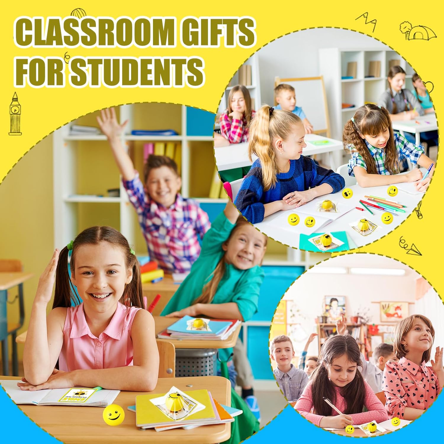 24 Pack Stress Balls for Students - 2 Inch Yellow Squeeze Balls with Wish Cards - Effective Stress Relief Tools for Classroom Exchange & Party Favors