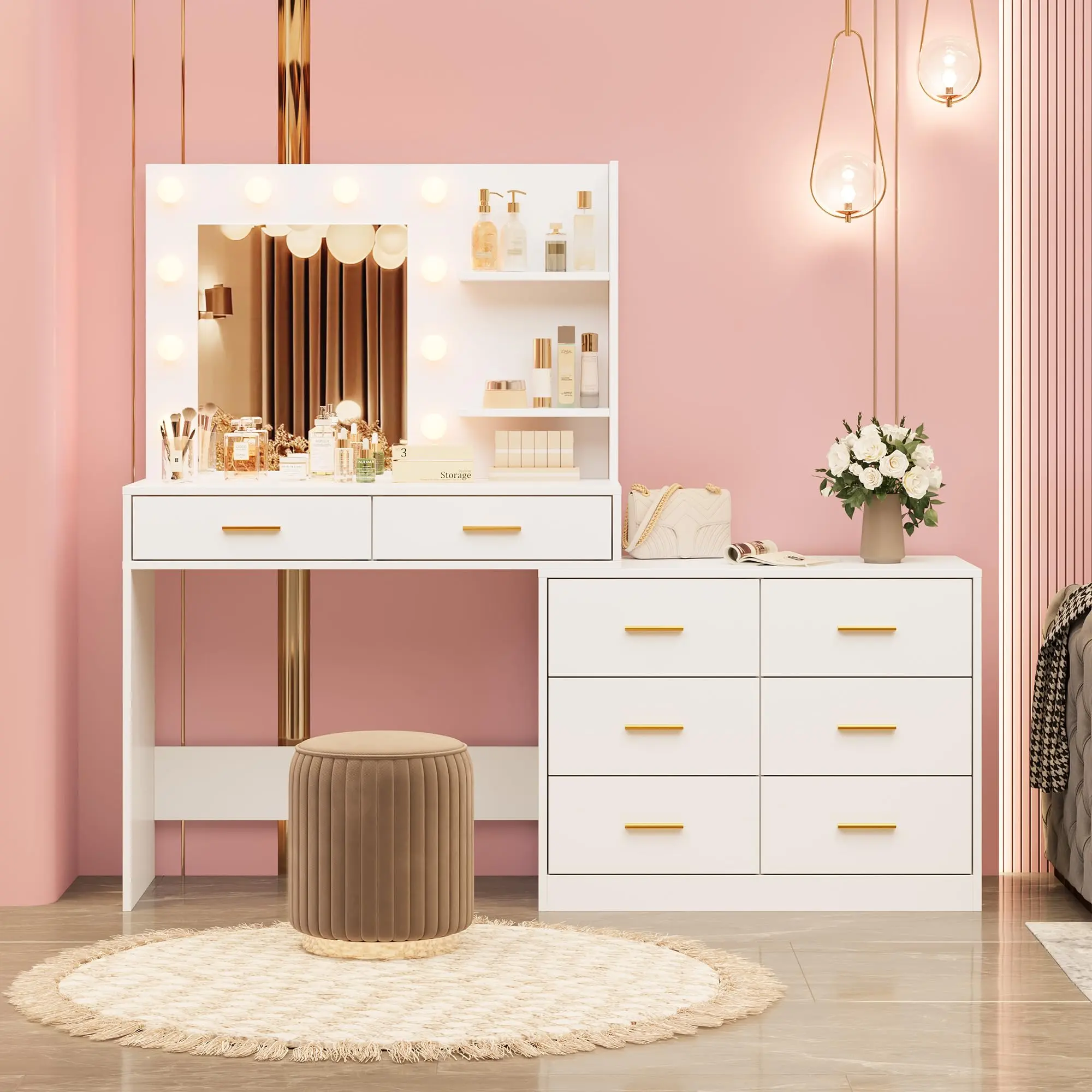 Sturdy 61-in Glam Vanity Table with Lighted Mirror, White Indoor Furniture with 8 Wide Storage Drawers & 2-Tier Shelves, 3 Lighting Modes with Adjustable Brightness for Bedroom, Mother's Day Perfect Gift, Vanity Tables, Makeup Vanity Desk