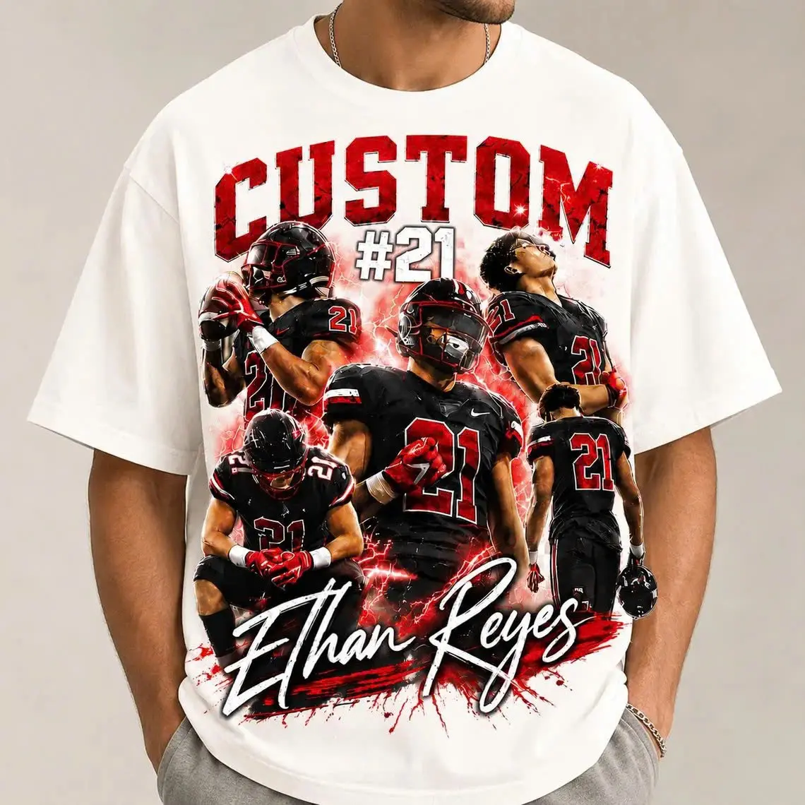 Custom Football Bootleg T-Shirt Personalized Name Number Custom Tee Vintage Rap Style Jersey Photo Collage Graphic Shirt White Oversized Comfort Colors Player Gift Unisex Customizable