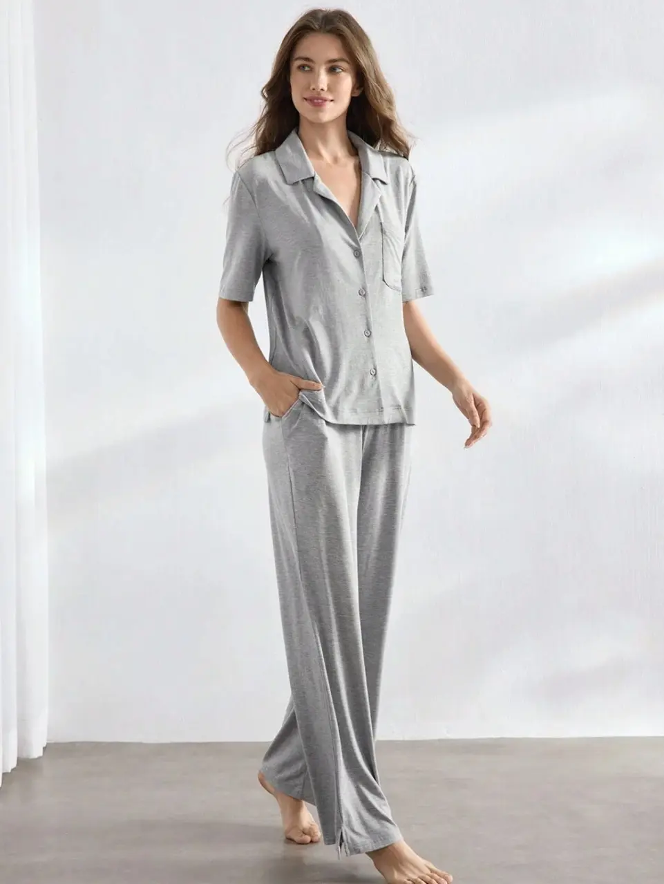Women's Grey 2-Piece Pajama Set with Button-Front Short Sleeve Top and Pants