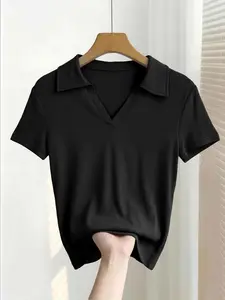 Women's Polo Neck Ribbed Short Sleeve T-Shirt, Elegant Solid Color, Fitted Design, All Seasons Wear, No Button, Unlined Top