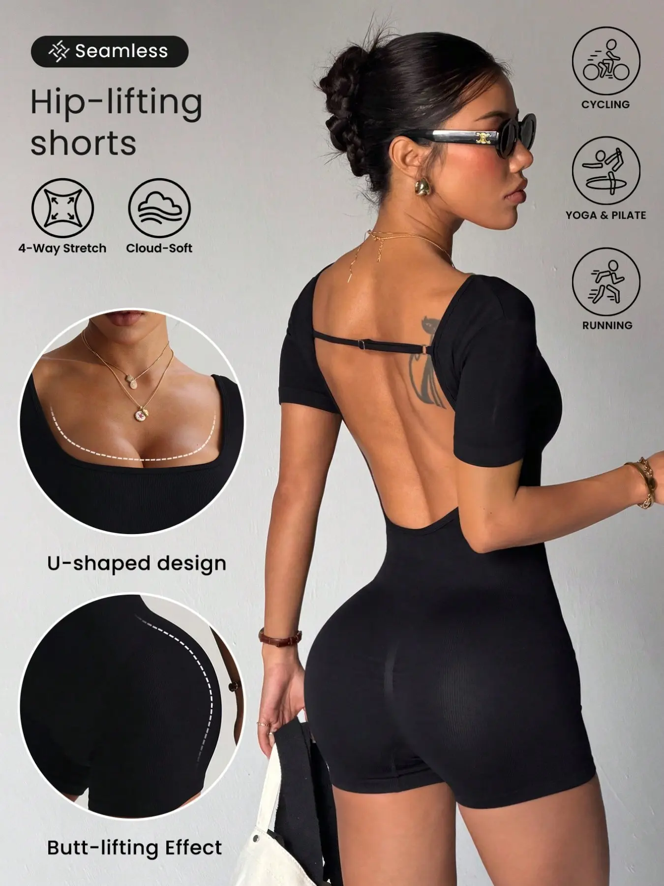 Women's Ribbed Backless Yoga Seamless Romper, Short Sleeve Square Neck Tummy Control Workout Bodysuit Shorts, High Waist Butt Lifting Gym Jumpsuit, Ribbed Fitted Jumpsuit, Backless Sports Jumpsuit, Sportswear Jumpsuit